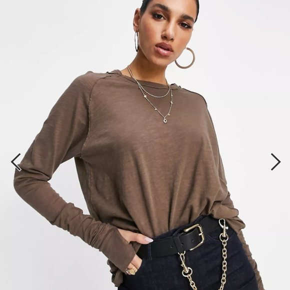 FREE PEOPLE | WE THE FREE NWT  ARDEN TEE LONG SLEEVE TEE LITE BARK BROWN SIZE S - Picture 1 of 10